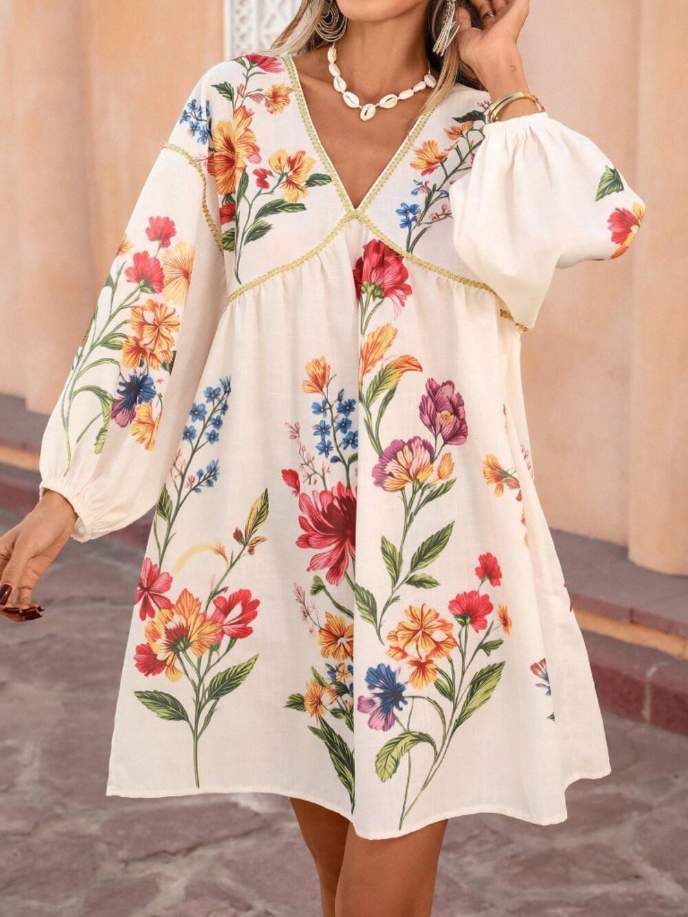 Multicolor Boho Women's V-Neck Dress with Bubble Sleeves and Ribbon Trim - Picture 6 of 6